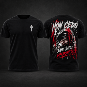Czarny T-shirt NON CEDO SAME BATTLE, DIFFERENT DAY – wizualizacja przodu i tyłu, krój regular